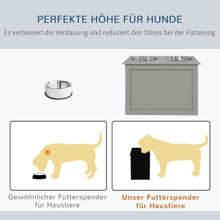 Erhöhter Futterautomat mit Stauraum, 2 Edelstahlnäpfe, Grau