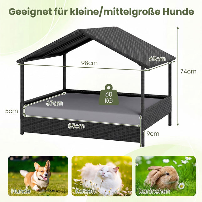 Canapé surélevé en rotin pour chien avec auvent, pour animaux jusqu'à 60 kg