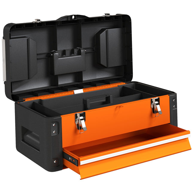 Boîte à outils vide, 49,7 x 25,3 x 23 cm, boîte à outils avec tiroir, mini boîte en acier orange