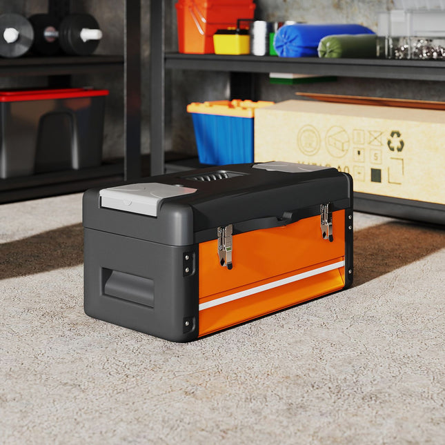 Boîte à outils vide, 49,7 x 25,3 x 23 cm, boîte à outils avec tiroir, mini boîte en acier orange