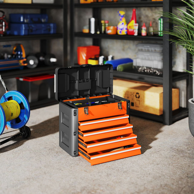 Boîte à outils vide, 49,7 x 25,3 x 40,7 cm, boîte à outils avec 4 tiroirs, mini boîte en acier orange