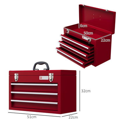 Boîte à outils vide, boîte à outils 51x22x32cm avec 3 tiroirs, compartiment de rangement supérieur, poignée, boîte à outils avec serrure, acier, rouge