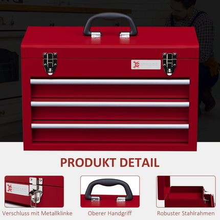 Boîte à outils vide, boîte à outils 51x22x32cm avec 3 tiroirs, compartiment de rangement supérieur, poignée, boîte à outils avec serrure, acier, rouge