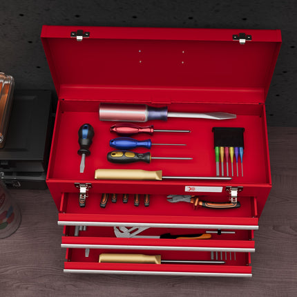 Boîte à outils vide, boîte à outils 51x22x32cm avec 3 tiroirs, compartiment de rangement supérieur, poignée, boîte à outils avec serrure, acier, rouge