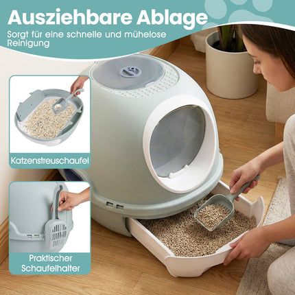Geschlossene Katzentoilette mit Schale und Schaufel, Blau
