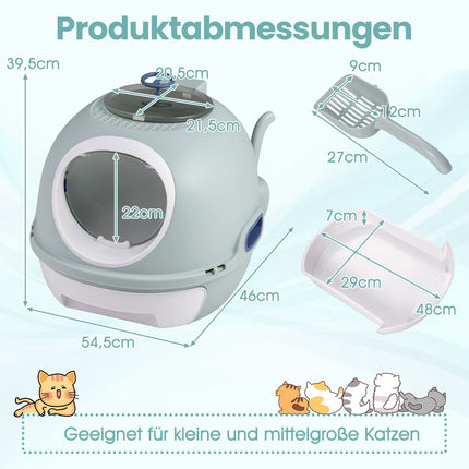Geschlossene Katzentoilette mit Schale und Schaufel, Blau