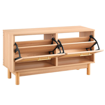 Entryway Shoe Bench, 2 Flip Drawers, Rattan Doors, 300 lb