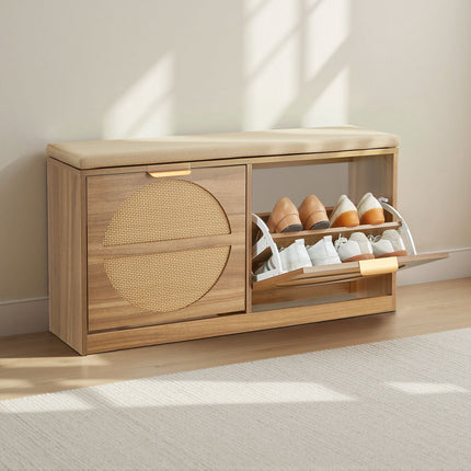 Entryway Shoe Bench With Cushion, Rattan Flip Drawers