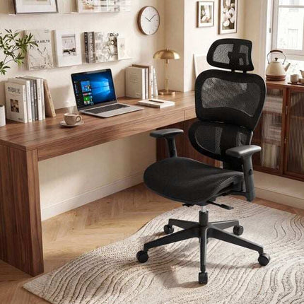 Chaise de bureau ergonomique en maille, accoudoirs et appui-tête réglables, noire