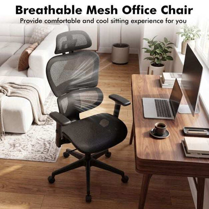 Chaise de bureau ergonomique en maille, accoudoirs et appui-tête réglables, noire