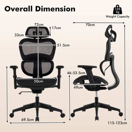Chaise de bureau ergonomique en maille, accoudoirs et appui-tête réglables, noire