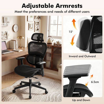 Chaise de bureau ergonomique en maille, accoudoirs et appui-tête réglables, noire