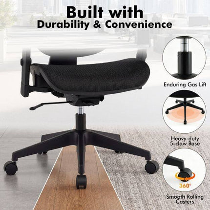 Chaise de bureau ergonomique en maille, accoudoirs et appui-tête réglables, noire