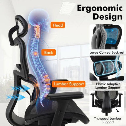 Chaise de bureau ergonomique en maille, accoudoirs et appui-tête réglables, noire