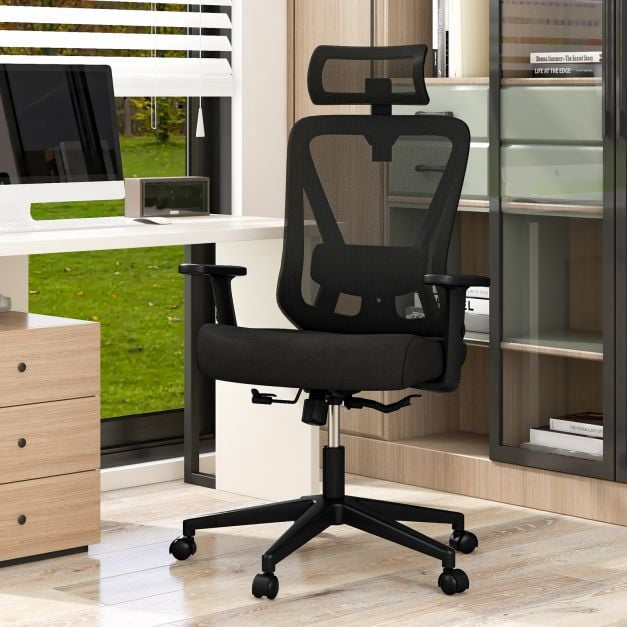 Ergonomischer Bürostuhl mit Netzbezug, verstellbare Kopfstütze, Schwarz