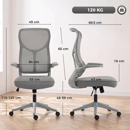 Ergonomic Mesh Office Chair with Flip-Up Armrests, High Back, Grey