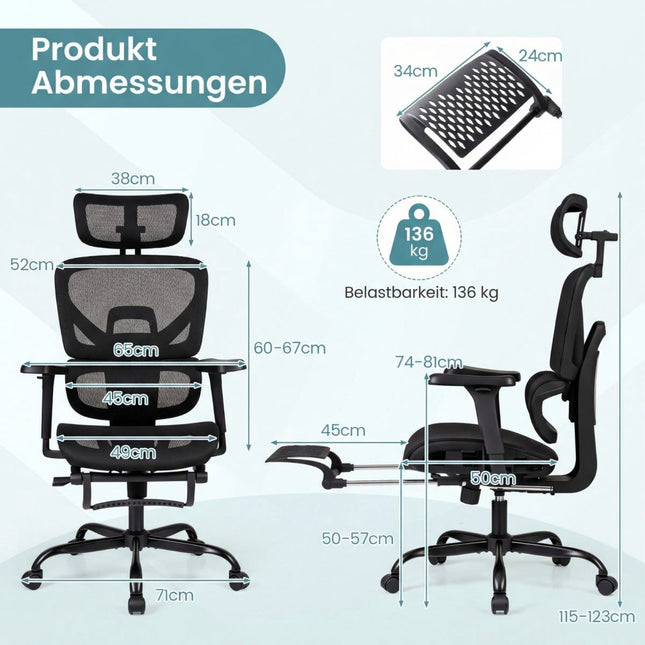Chaise de bureau ergonomique en maille avec repose-pieds, noire