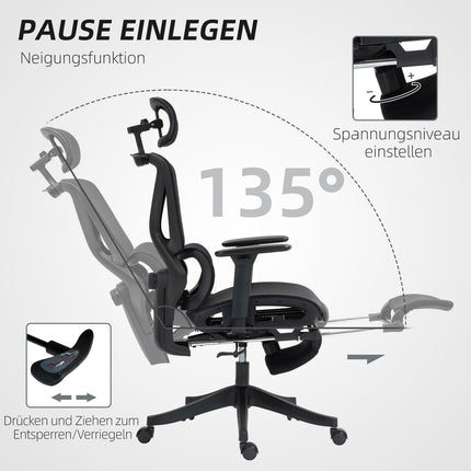 Chaise de bureau ergonomique, réglable, inclinable à 135°, noire