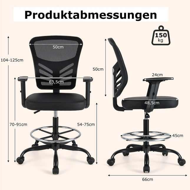 Chaise de bureau ergonomique, hauteur d'assise réglable de 54 à 75 cm