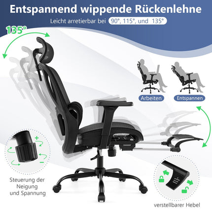 Chaise de bureau ergonomique avec appui-tête et repose-pieds réglables