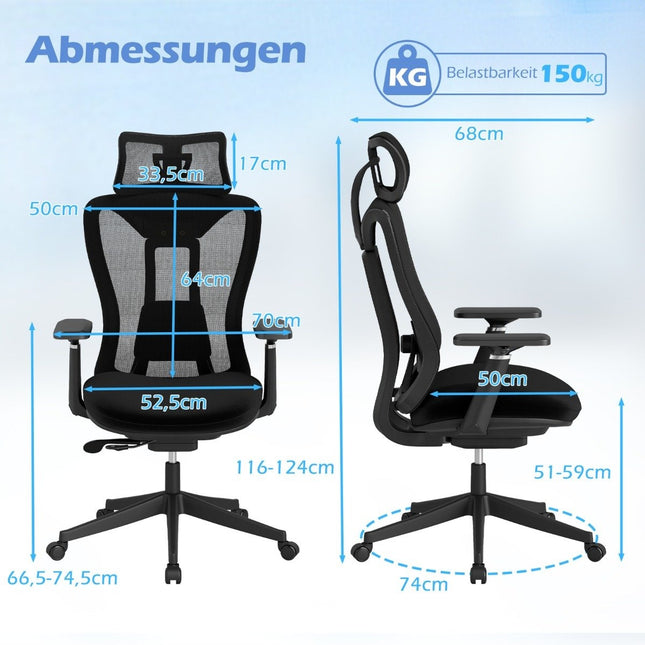 Ergonomischer Bürostuhl mit verstellbarer Lordosenstütze und Kopfstütze