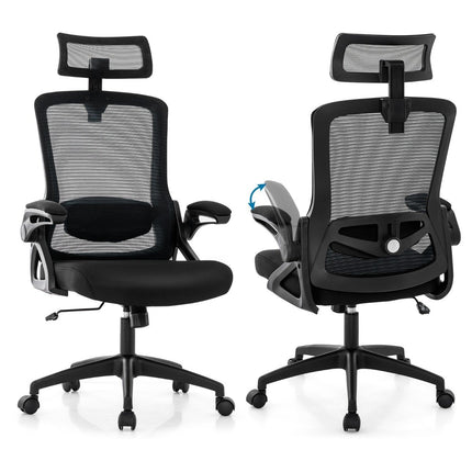 Ergonomischer Bürostuhl mit verstellbarer Lordosenstütze und Kopfstütze, Computerstuhl, schwarz