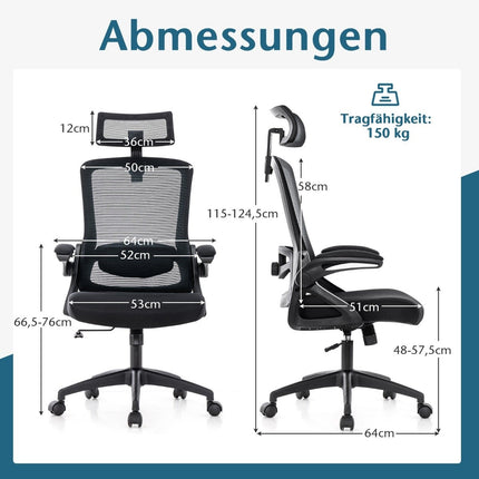 Ergonomischer Bürostuhl mit verstellbarer Lordosenstütze und Kopfstütze, Computerstuhl, schwarz