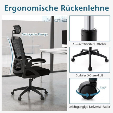 Ergonomischer Bürostuhl mit verstellbarer Lordosenstütze und Kopfstütze, Computerstuhl, schwarz