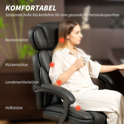 Fauteuil de bureau ergonomique avec soutien lombaire, en cuir PU noir