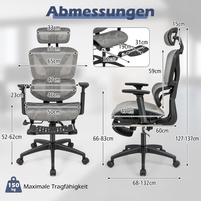 Chaise de bureau ergonomique avec repose-pieds rétractable et chaise d'ordinateur à appui-tête réglable