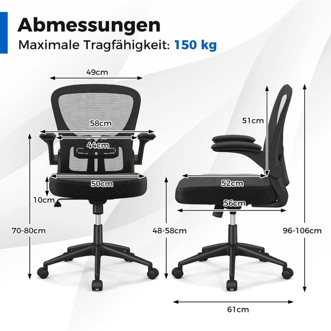 Chaise de bureau ergonomique avec accoudoirs rabattables, support lombaire réglable et fonction berçante