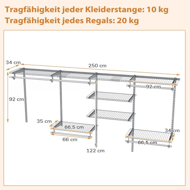 Erweiterbares Kleiderschranksystem, 122–244 cm, Grau