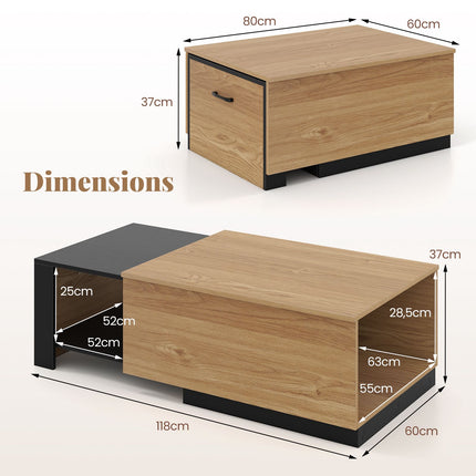 Table basse extensible – Bicolore, 2 compartiments de rangement