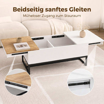 Table basse extensible avec rangement dissimulé, blanc et chêne