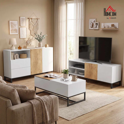 Table basse extensible avec rangement dissimulé, blanc et chêne