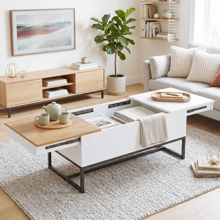 Table basse extensible avec rangement dissimulé, blanc et chêne