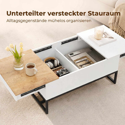 Table basse extensible avec rangement dissimulé, blanc et chêne
