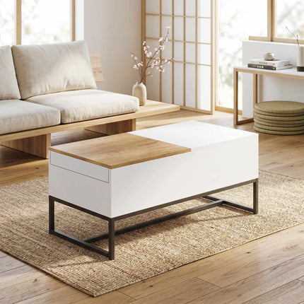 Table basse extensible avec rangement dissimulé, blanc et chêne