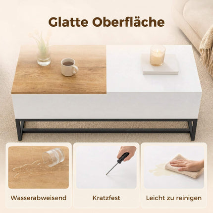 Table basse extensible avec rangement dissimulé, blanc et chêne