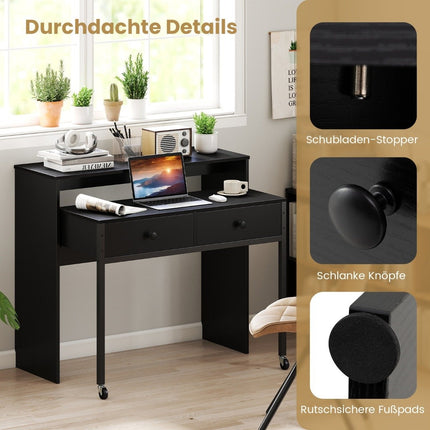 Bureau d'ordinateur extensible avec 2 tiroirs et roulettes, noir