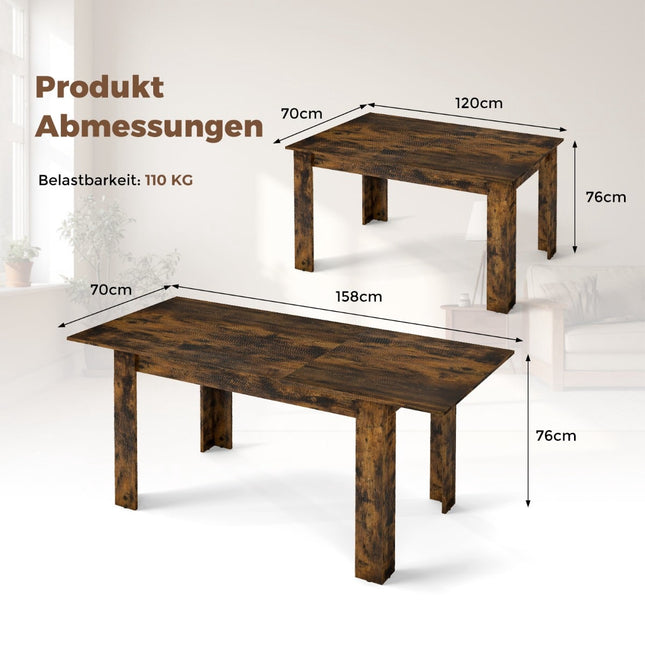 Table de salle à manger extensible, 4 à 6 couverts, marron rustique, capacité de charge 110 kg
