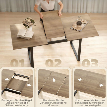 Table de salle à manger extensible pour 6 à 8 personnes, 140-180 cm, bois et acier