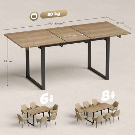 Table de salle à manger extensible pour 6 à 8 personnes, 140-180 cm, bois et acier