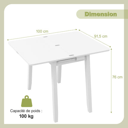 Table de salle à manger pliante extensible avec rangement, 4 couverts, blanche