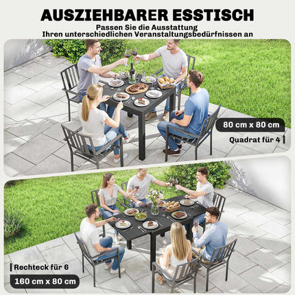 Ausziehbarer Gartentisch, Aluminium, 80-160 cm, für 6 Personen