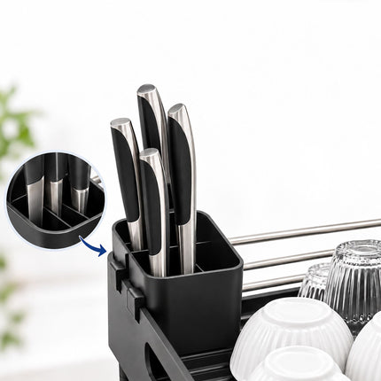 Extendable Stainless Steel Dish Rack 32 to 48 cm, Black, Drip Tray