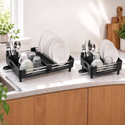 Extendable Stainless Steel Dish Rack 32 to 48 cm, Black, Drip Tray
