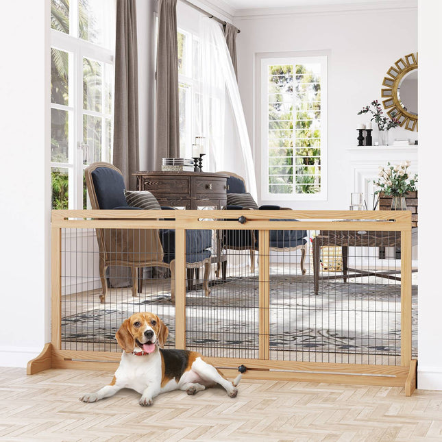 Barrière Extensible Pour Chien En Bois Autoportante Pour Escaliers Et Portes, Naturel, 202,5 X 76 Cm