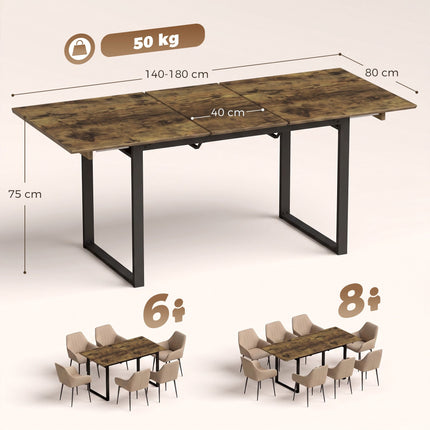 Extending Dining Table 140-180 cm for 6-8 People, Tiger Wood Look, Steel Frame