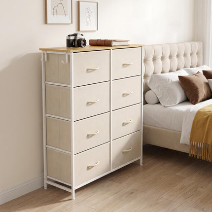 Fabric Chest of Drawers with 8 Drawers, Steel Frame, 4 Side Pockets, Beige